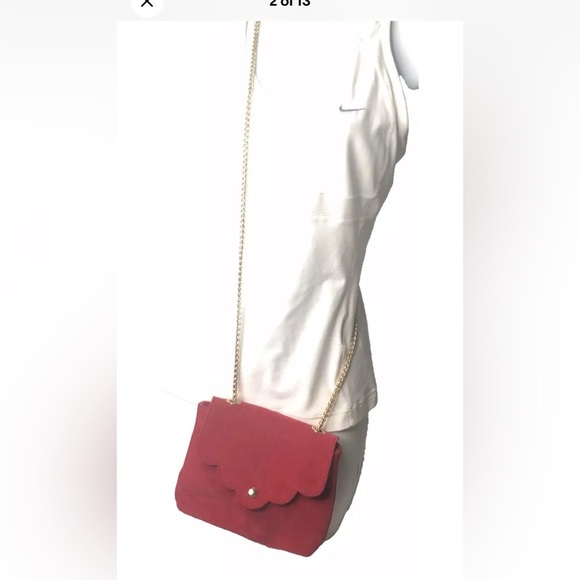 Genuine Suede Shoulder bag Red Scalloped Gold Chain Strap Italy - Picture 5 of 14